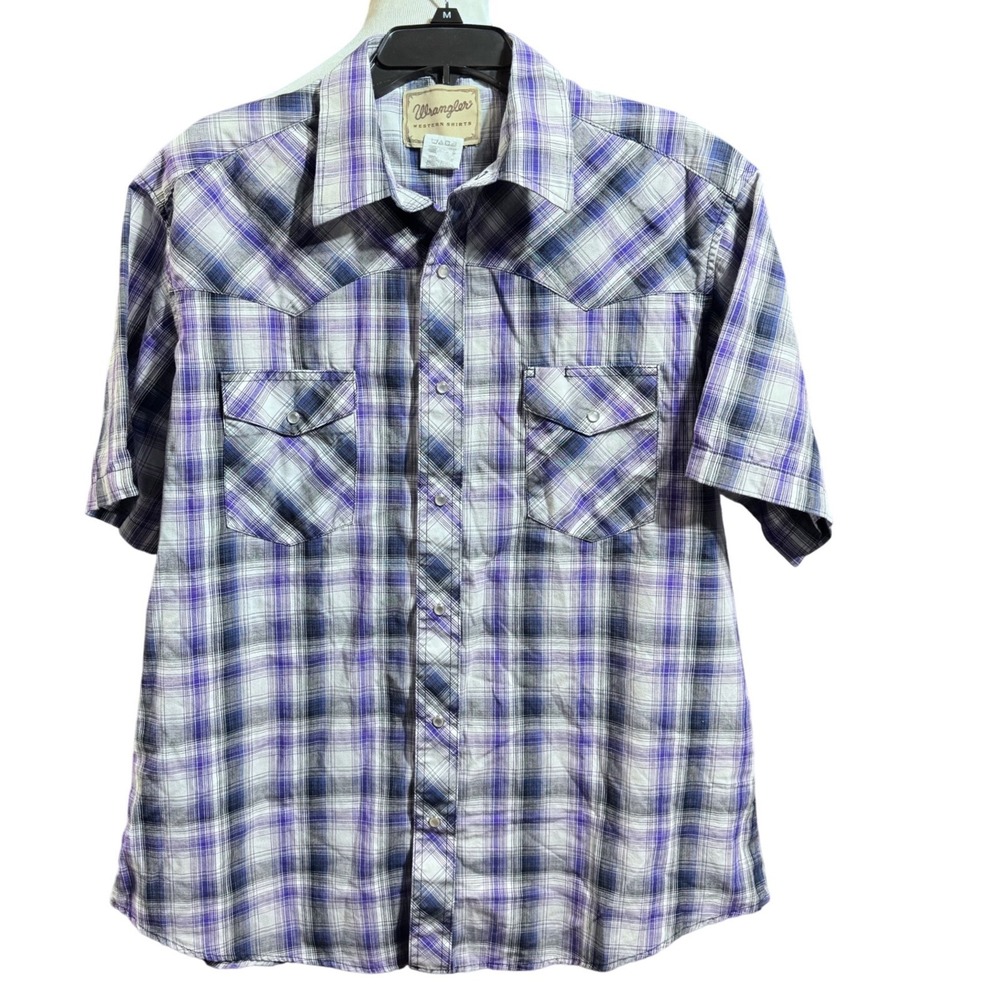 Wrangler Western Shirt Plaid Pearl Snap Purple XL Short Sleeve Cowboy Vintage